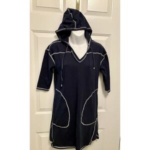 eShakti Navy Blue White Hoodie Stretch Dress Pockets Sz Small 4 V Neck *CUTE*!!